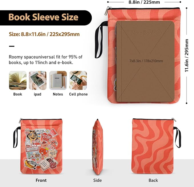 Y2K Style Book Sleeve for Book Lovers, Emotional Support Stickers Bookcover Protector for Paperbacks with Handle Pocket for Reader Bookish, Book Club Gifts for Chritsmas, Reading Accessories for Women