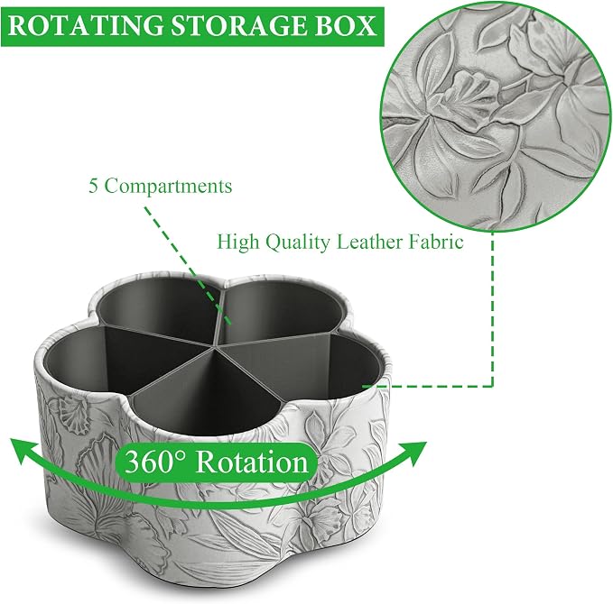Flower Shaped Leather Art Supply Organizer,Remote Control Holder,360 Degree Spinning,Multi-Functional Pencil Holder,5 Compartments Desktop Stationary Organizer(1-Flower Grey)