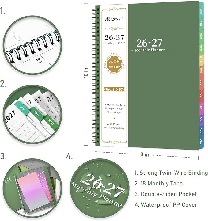 Planner 2026-2027 - 2026-2027 Monthly Planner, JUL 2026-DEC 2027, Monthly Planner/Calendar 2026-2027 with Colorful Tabs, 2026-2027 Calendar Planner for Daily Organizing - Waterproof Cover (8" x10", 12 Month Pages & Notes, Moss green)