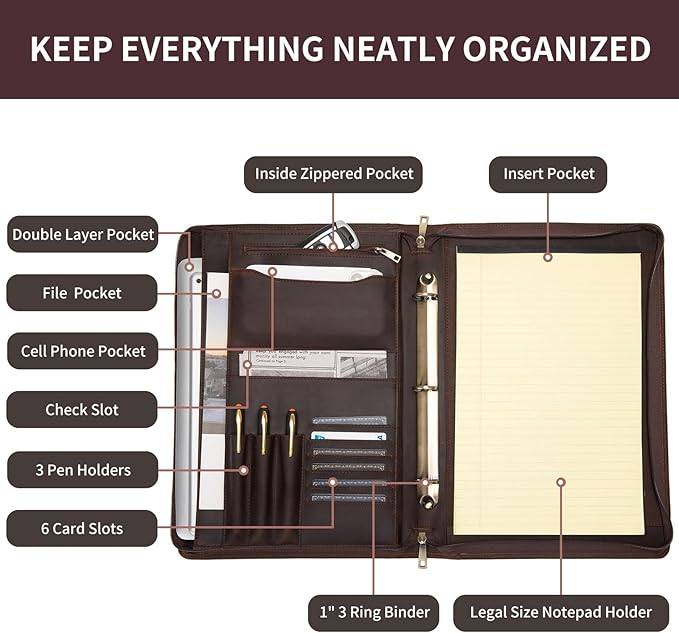 Genuine Leather 3 Ring Binder Portfolio, 8.5 x 14 Legal Size Pad Holder, Hidden Handle, Zippered Padfolio with 15” Laptop Organizer, Professional Business Folio for Men Women, Dark Khaki