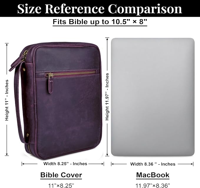 LEATHER VILLAGE Genuine Leather Bible Cover with Zipper for Men & Women - Large Bible Case Carrying Bag Book Cover & Organizer with Handle and Pockets - Leather Bible Covers for Church Study - Purple