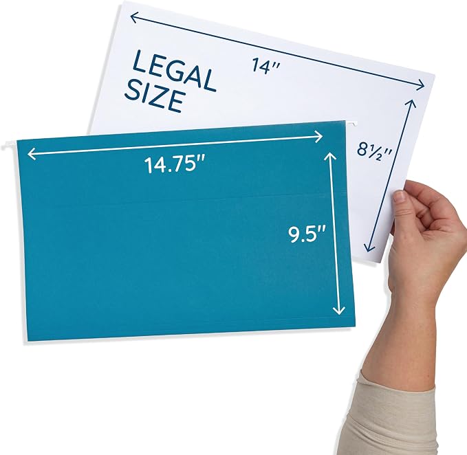 25 Blue Summit Supplies Colored Hanging File Folders Legal Size, 9.5" x 14.75", Legal Size Hanging File Folders for Filing Cabinet with Plastic Tabs and Inserts, Assorted Jewel Tone Colors, 11pt Paper