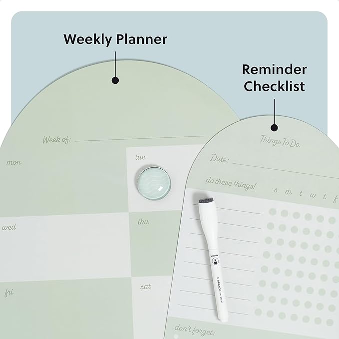 U Brands Vinyl Magnetic Calendar Whiteboard Planner Value Pack, 11" x 14" Weekly Planner & 7" x 14" Reminder Checklist, Dry Erase Board for Fridge, Sage Green, Includes Marker & Magnet