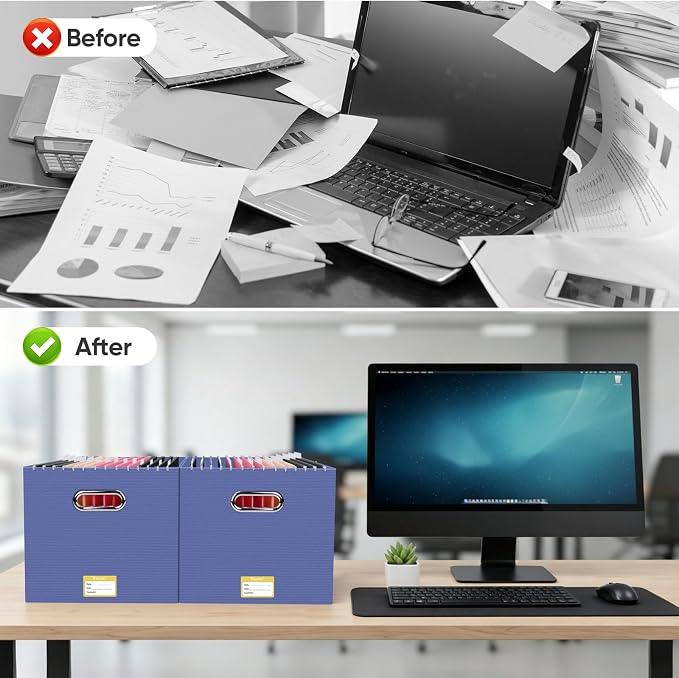 BALEINE File Organizer Box, Cardboard File Folder Organizer with Handle for Letter Size, Portable Collapsible Hanging Filing Box for Home Office Document Storage (4 Pack, Large Navy)