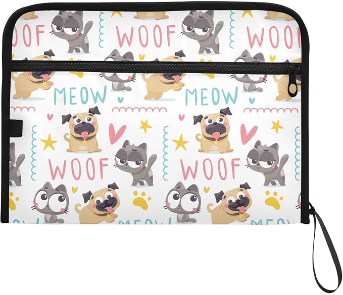 Cute Pug Dogs Cats File Folders,Plastic Folders with 13 Pockets,Expandable File Folder for Documents School Students Office,Aesthetic Folder with Labels A4 Letter Size