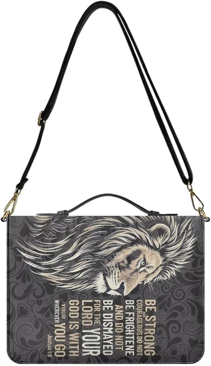 2XL Bible Cover Cases for Men, Black Bible Bags with Strap and Handle, Lion Print Joshua 1:9 PU Leather Biblia Holder with Inner Pockets and Pen Loop, Church Bags for Women