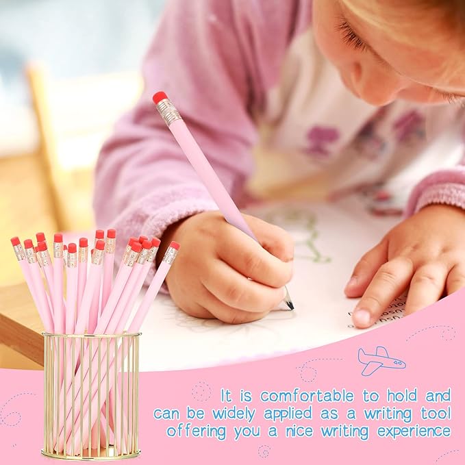 Outus 24 Pieces Round Pencils Cute HB Graphite Wood Pencils Pack with Eraser for School Drawing Sketching Wedding Office Supplies (Light Pink)