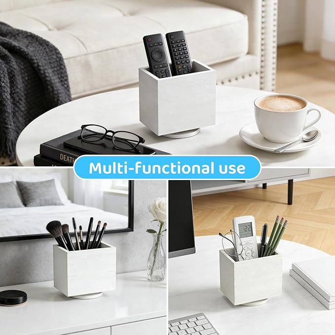 360° Rotating Remote Control Holder, Wooden TV Remote Holder for Table, Desk Organizer Caddy Media Storage Box Ideal for Living Room, Bedroom, Office Desk (White)