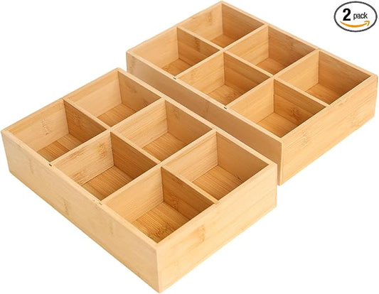 2 Pack Bamboo Small Desk Drawer Organizer with Adjustable Dividers, Wood Snacks and Tea Bag Organizer for Office, Bathroom, Makeup, Jewelry