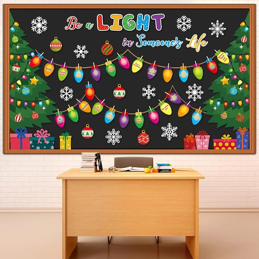 Pasimy Christmas Bulletin Board Decorations Set Colorful Light Bulbs Classroom Decorations DIY Inspirational Xmas Tree Snowflake Paper Cutouts with Wooden Clips for Chalkboard Winter Holiday Party