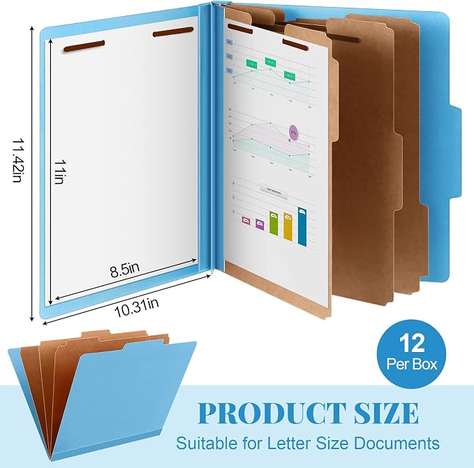 Skyygemm 12 Pcs Classification Folders Letter Size, 3 Divider Pressboard File Folder with Fasteners, Expanding File Organizer Bulk for School Teachers, Office Employee, Coworker, Staff (Blue)