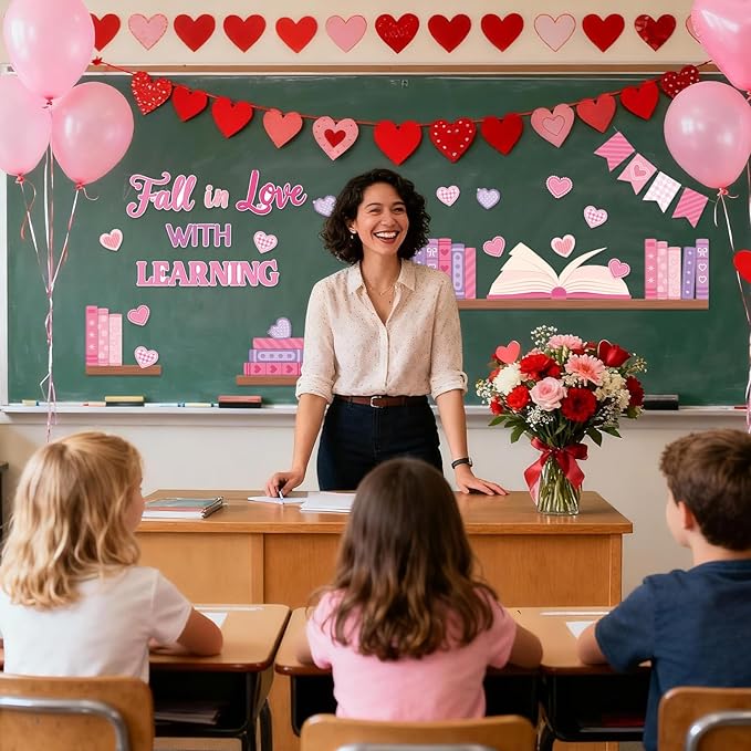 TICIAGA Pink Heart Book Learning Bulletin Board - 62Pcs Valentines Bookshelf Fall in Love with Learning Pink Heart Cutout Border Book Flag Banner for February School Library Classroom Wall Decor