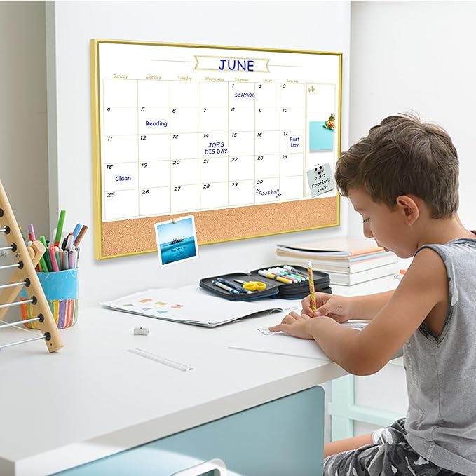 Whiteboard Calendar & Corkboard, 18" x 24" Dry Erase White Board & Bulletin Board, Gold Aluminum Frame Calendar/Cork Combo Board(ZHYL-Gold-4560-B+1)