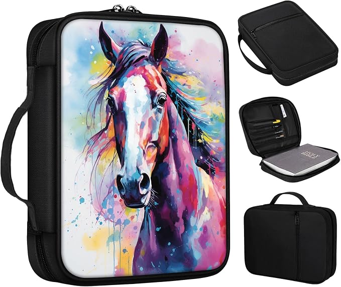 Bible Cover, Watercolor Horse Bible Case with Handle and Zippered Pocket Standard Size Holy Bible Bag Women Gifts, Church Bag Portable Bible Carrying Book Case for Bible Study