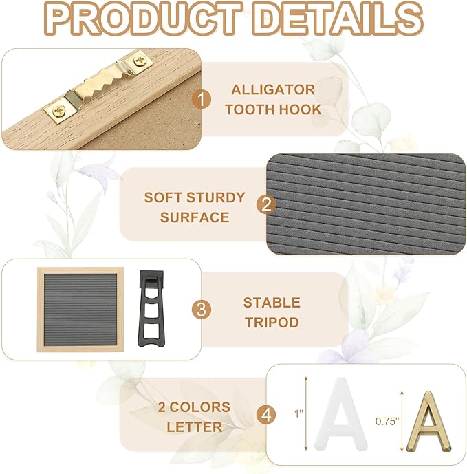 PATIKIL Felt Letter Board, 10x10Inches Gray Wooden Changeable Message Board with Storage Bag Stand for Kitchen Menu Classroom Farmhouse Decor Notes, White Bronze Letter