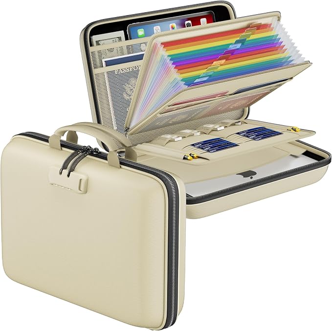 DocSafe Fireproof File Organizer with Lock, Hard-Shell Case Fireproof Document Box with 13 Pocket Accordion File Folder, Portable Home Office Travel Safe Storage for Important Documents Laptop Beige