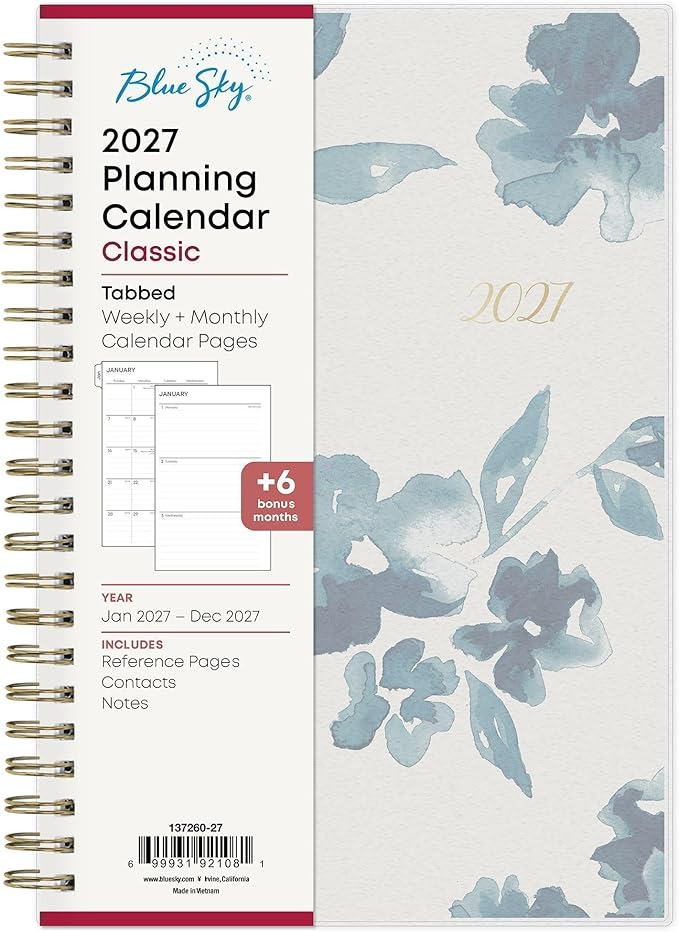 Blue Sky 2027 Weekly and Monthly Planner Calendar, January 2027 - December 2027, 5" x 8", Flexible Frosted Cover, Laminated Tabs, Durable Twin Wire Binding, Bakah Blue