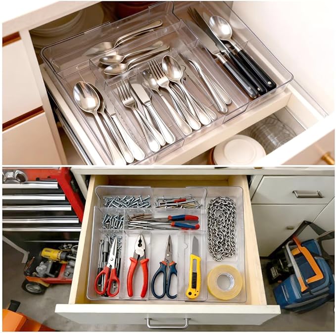 CEYAZYE Acrylic Expandable Drawer Organizer, Clear Makeup Vanity Dividers Trays with 8 Compartment, Versatile Desk Accessories Storage for Office Supplies Junk Silverware, (10.6"-16.9") x 10.6" x 2.3"