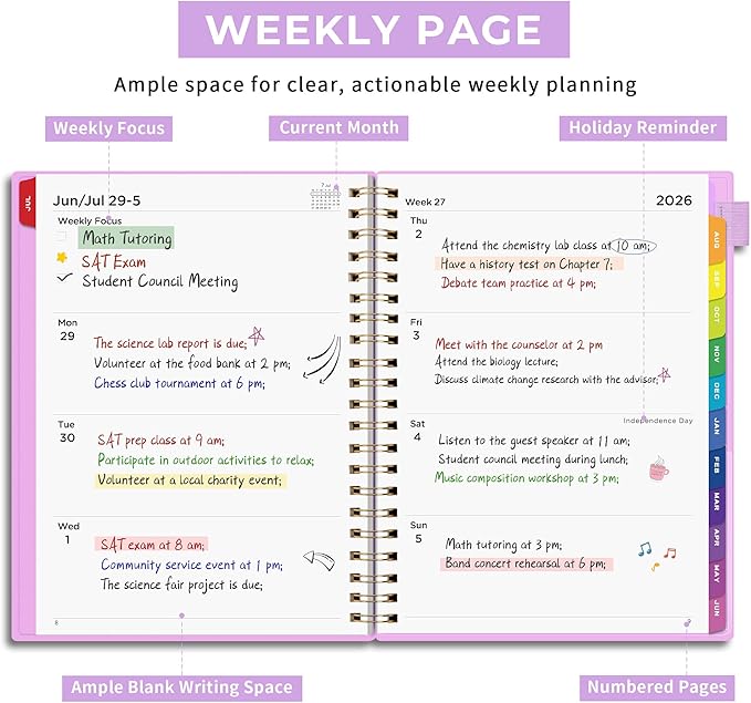 EMSHOI Academic Planner 2026-2027, Large A4 8.5x11, Weekly and Monthly Calendar (July 2026-June 2027), School Student Teacher Agenda Book, 100GSM Thick Paper, PVC Cover, Colorful Tabs, Purple