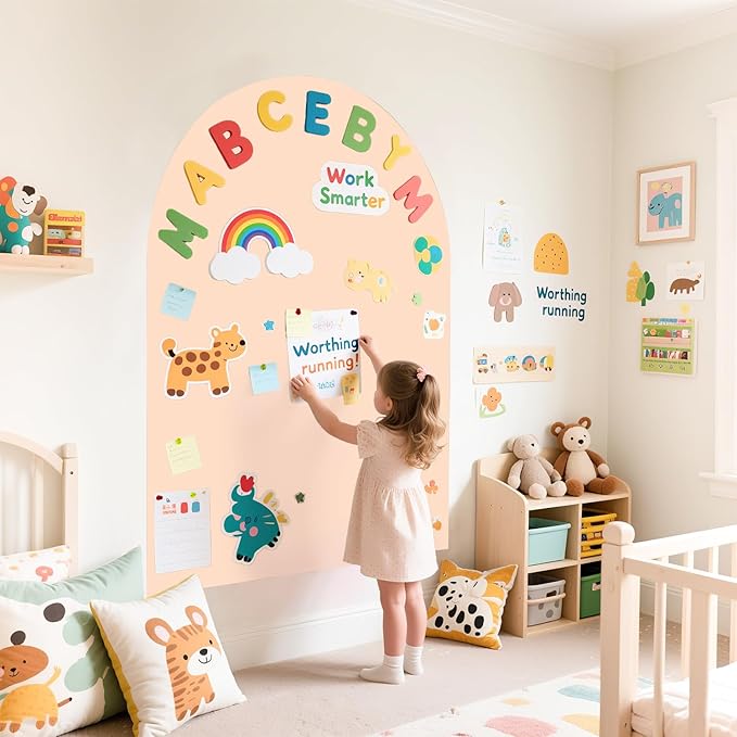 Magnetic Wall Decal for Kids Magnetic Chalkboard Decal Play Wall Milk Tea 40x32 Inch Self Adhesive Magnet Wallpaper Sticker with Letters and Color Liquid Chalk for Playroom School Home
