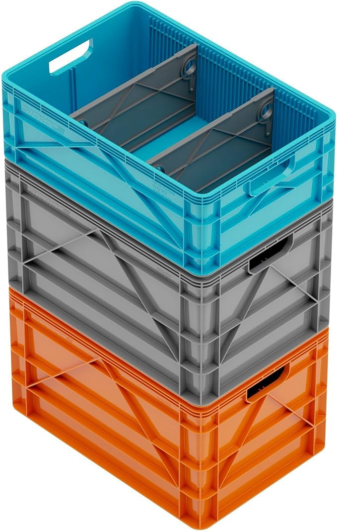 SIDIO Crate Basic Pack - 2 Full-Size & 1 Half-Size Heavy Duty Stackable Storage Bins, Totes and Containers with Dividers - Durable Plastic Organizer for Home, Office, Garage, and Outdoor Use