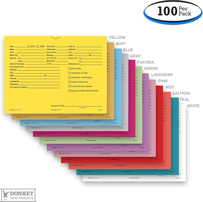 Printed Vehicle Deal Envelopes 9x12 Deal Jackets (100 shrink wrapped) (Yellow)