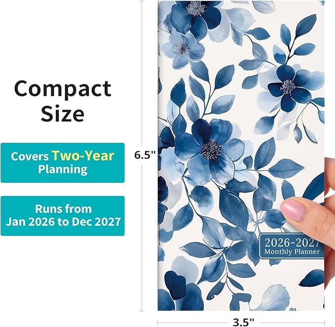 Pocket Calendar 2026-2027 for Purse, Two Year Monthly Planner Pocket Size 6.5" x 3.5", Jan 2026 - Dec 2027 Monthly Planner Small Calendar for School, Work and Home - Blue Blossom
