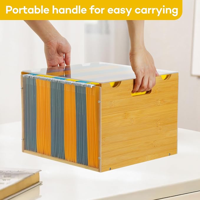 Bamboo File Organizer Box with Lid, Hanging File Storage Box with Handle suitable for Home Office Desk Banker Document Letter Size