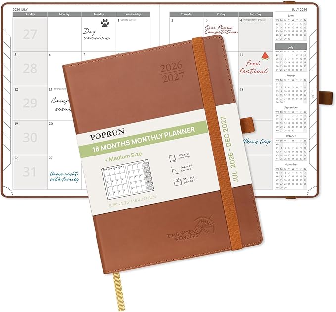POPRUN Monthly Planner 2026-2027 (Medium- 6.5'' x 8.5'' Soft Cover), 18-Month Calendar Book (Jul.2026-Dec.2027), Calendar Planner with Monthly Tabs & Pocket, 100 GSM Paper - Brown