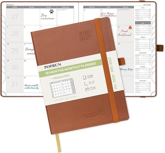POPRUN Monthly Planner 2026-2027 (Medium- 6.5'' x 8.5'' Soft Cover), 18-Month Calendar Book (Jul.2026-Dec.2027), Calendar Planner with Monthly Tabs & Pocket, 100 GSM Paper - Brown