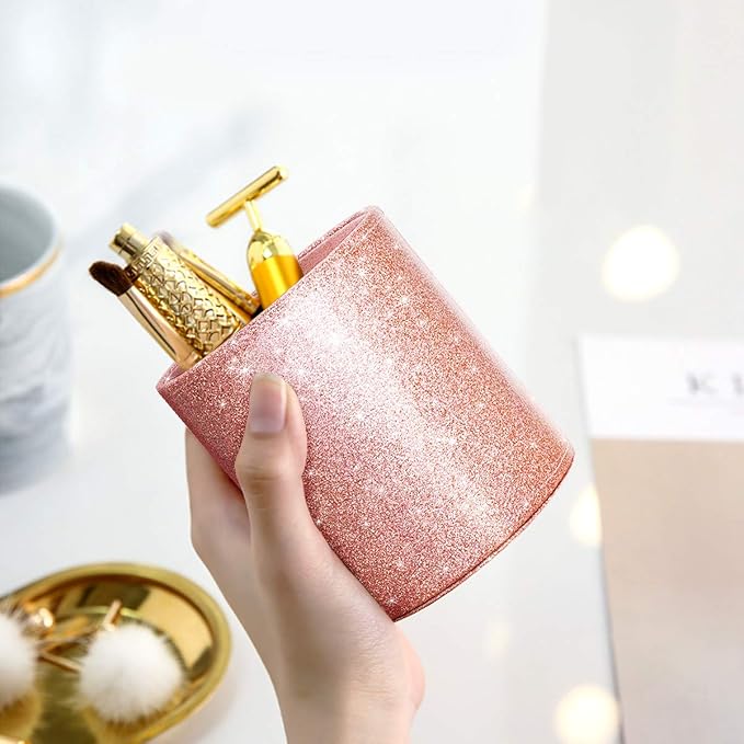 Pen Holder for Desk, Pencil Cup Pink Glitter Bling for Women Girls, Luxury Makeup Brush Holder Large Pu Leather Multi-Functional Organizer Cup for Office, Classroom, Home, Rose Gold