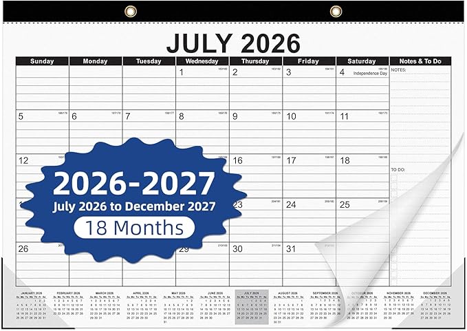 Tcamp Desk Calendar 2026-2027, 18-Month Calendar from July 2026 to December 2027, Large 17" x 12" Monthly Desktop & Wall Calendar for Home & Office