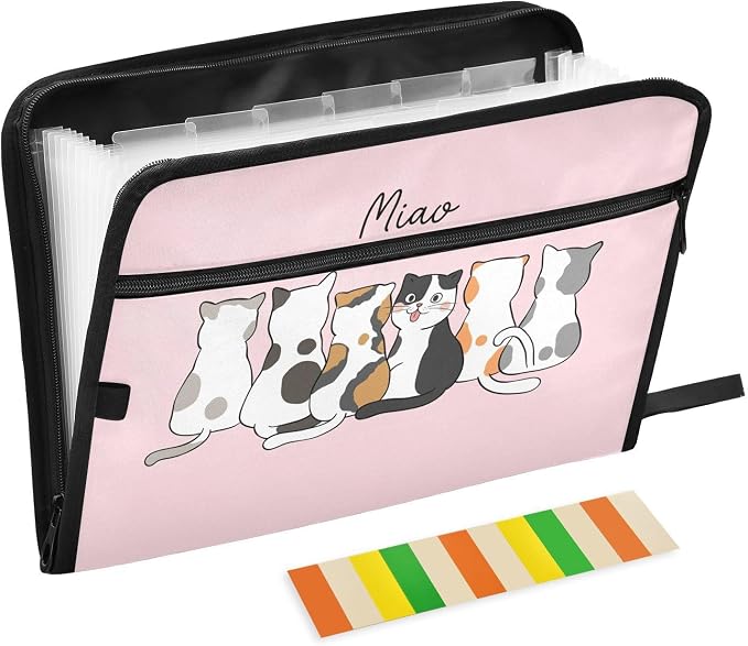 Cute Cats Pink Expanding Accordion File Folder with 13 Pockets and Zipper Closure