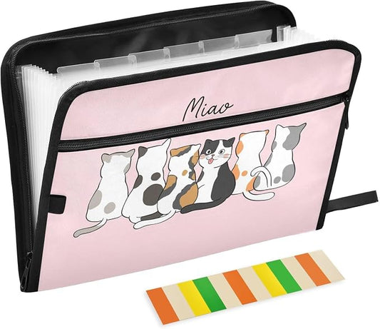 Cute Cats Pink Expanding Accordion File Folder with 13 Pockets and Zipper Closure