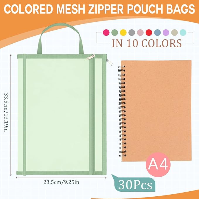Marspark 30 Pack 10 Color Mesh Zipper Pouch Bags A4 Nylon Organizing Bags Breathable See Through Zipper Pouch with Handle for Office Games