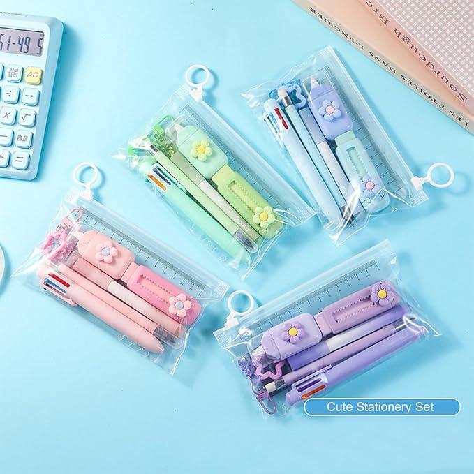 MOZXIRZ 7 Pcs Cute Purple Stationery Set for Women Office Supplies Back to School Supplies Kawaii Stationery Gift Including Pen Pencil Eraser Highlighter (Purple)