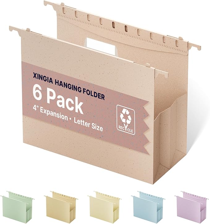 XINGIA 6 Pack Expandable Hanging File Folders Letter Size,4'' Extra Capacity File Cabinet Folders for Bulky Files,Pink Wheat Straw Rinforced File Organizer with Tabs,Stay Organized for Office School
