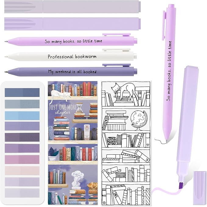 Spakon 7 Pcs Book Lovers Gifts for Readers Bookish Book Annotation Kit Aesthetic Pastel Highlighters No Bleed Gel Pens Reading Tabs Bookmark for Women Library Student Bible(Purple Series)