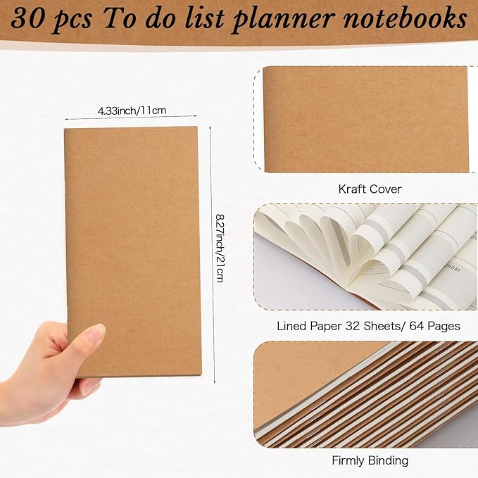 Qilery 30 Pcs 2026-2027 Daily Weekly Planner Bulk Employee Appreciation Gifts Small Pocket Journal to Do List Goals Notepad for Patient Access Week Nurse Team Coworkers Teacher (Kraft Paper Color)
