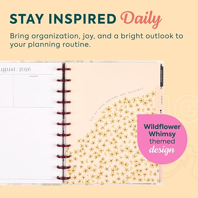 Happy Planner Disc-Bound Planner July 2026–June 2027, Includes 3 Extra Months and 2 Sticker Sheets, Big Size, 8.5" x 11", Horizontal Layout, Wildflower Whimsy