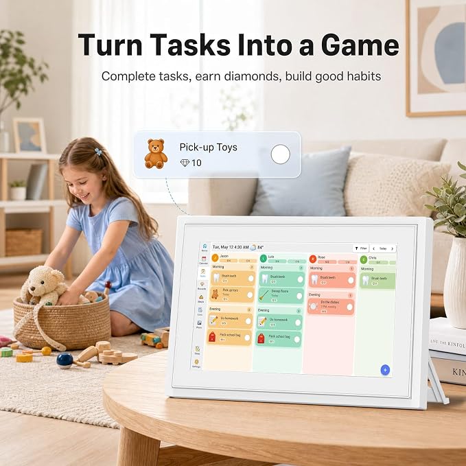 Digital Calendar with Touch Screen - 10.1 Inch Wall-mounted Smart Electronic Planner with Third-Party Calendar Sync, Chore Tracker, Meal Plan & Photo Display, Gifs for Mom