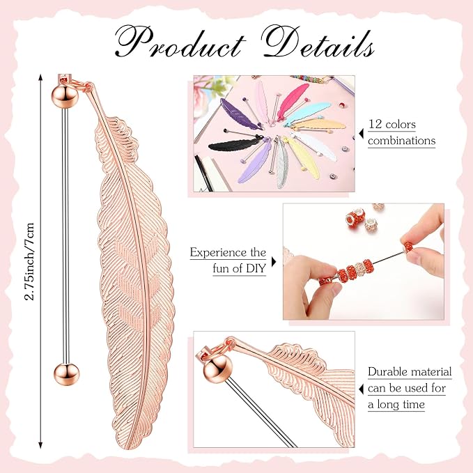 Kosiz 12 Pcs Beadable Bookmark Vintage Feather Metal Bookmark Beading Bookmarks Gifts for Student Office Teacher Birthday Present