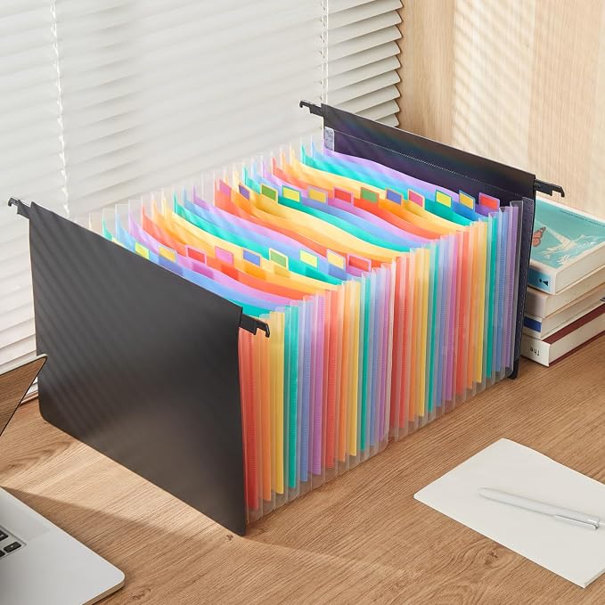 Y YOMA Plastic Expanding Hanging File Folders, 25 Innovative 1.2" Accordian Pockets, Extra Capacity, Legal Size Heavy Duty Filing Cabinet Folders - 1 Pack, Black