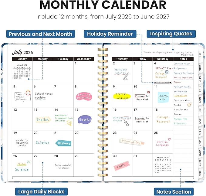 Planner 2026-2027, Monthly and Weekly Academic Planner July 2026 - June 2027, Hardcover Student Teacher Planning Agenda Calendar Book with Tabs, Perfect for Office School Supplies, A5 (6.3" x 8.5") - Watercolor Petal