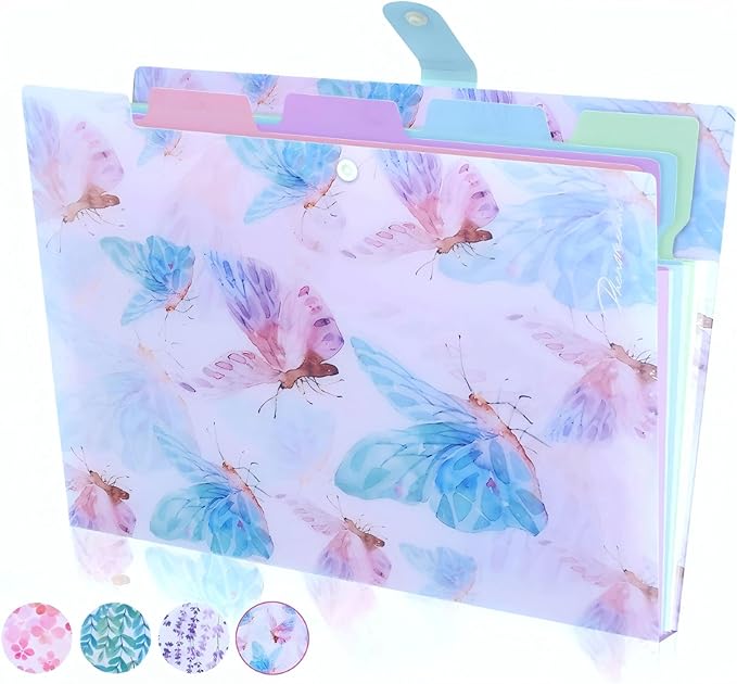 Folder Organizer Expanding File Folder Patternted - Accordion Document Organizer with 5 Pockets and Labels, Waterproof A4/Letter Size for School Office Home (Playful Butterflies)