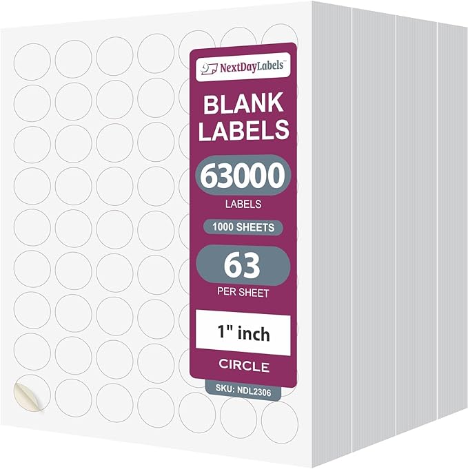NextDayLabels 1 Inch Round Circle Stickers White Blank Labels for Laser Inkjet Printer - 63 Per Sheet Self-Adhesive Color Coding Organization Made in USA - 63,000 Labels
