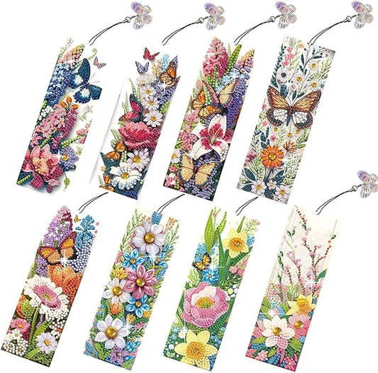 8 Pcs 5D Diamond Art Bookmarks for Reading Lovers, Handmade DIY Diamond Painting Book Marks with Tassels for (Flower)