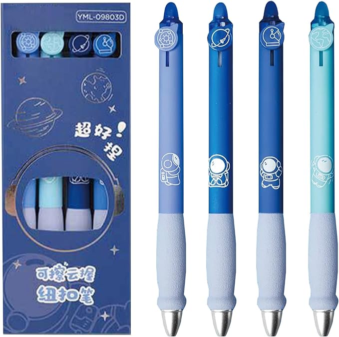 MOZXIRZ 4 Pcs Erasable Gel Ink Pens Retractable Pens Cute Space Pen 0.5mm Black Ink Writing Pen Office School Pens Women Girls Boys (Black Ink-Space)