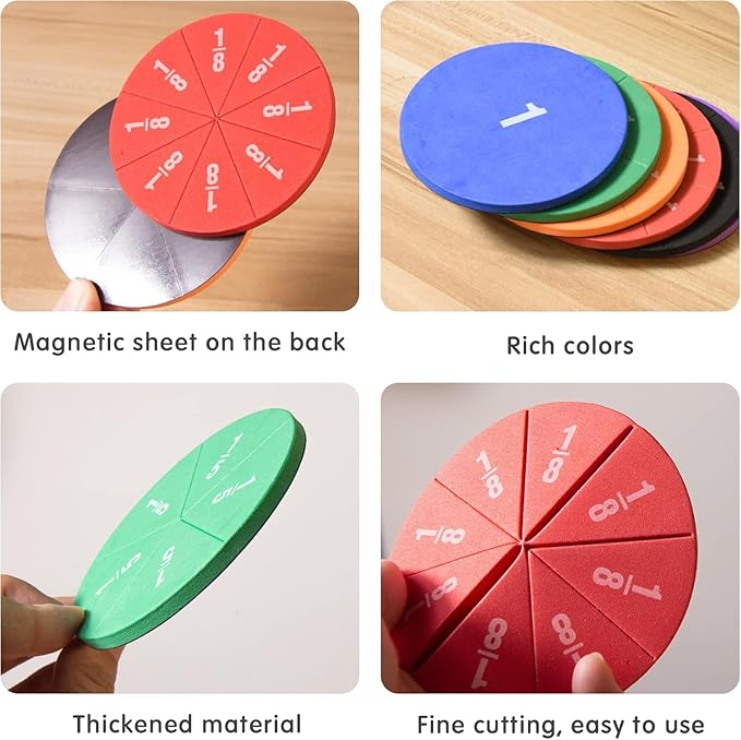 Set of 4 Magnetic Fraction Circles 204 pcs Fraction Bars Set, Rainbow Math Manipulatives Learning Toy for Preschool Elementary School Classroom Educational Kit