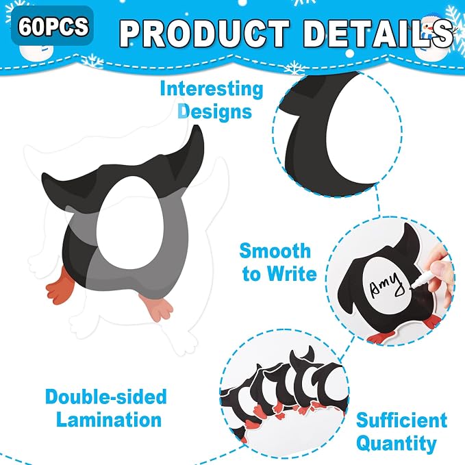 60Pcs Winter Penguin Paper Cutouts Winter Bulletin Board Decorations Black Penguin DIY Photo Craft Cutouts Christmas Classroom Supplies for Teacher Student School Holiday Party Chalkboard Wall Decor